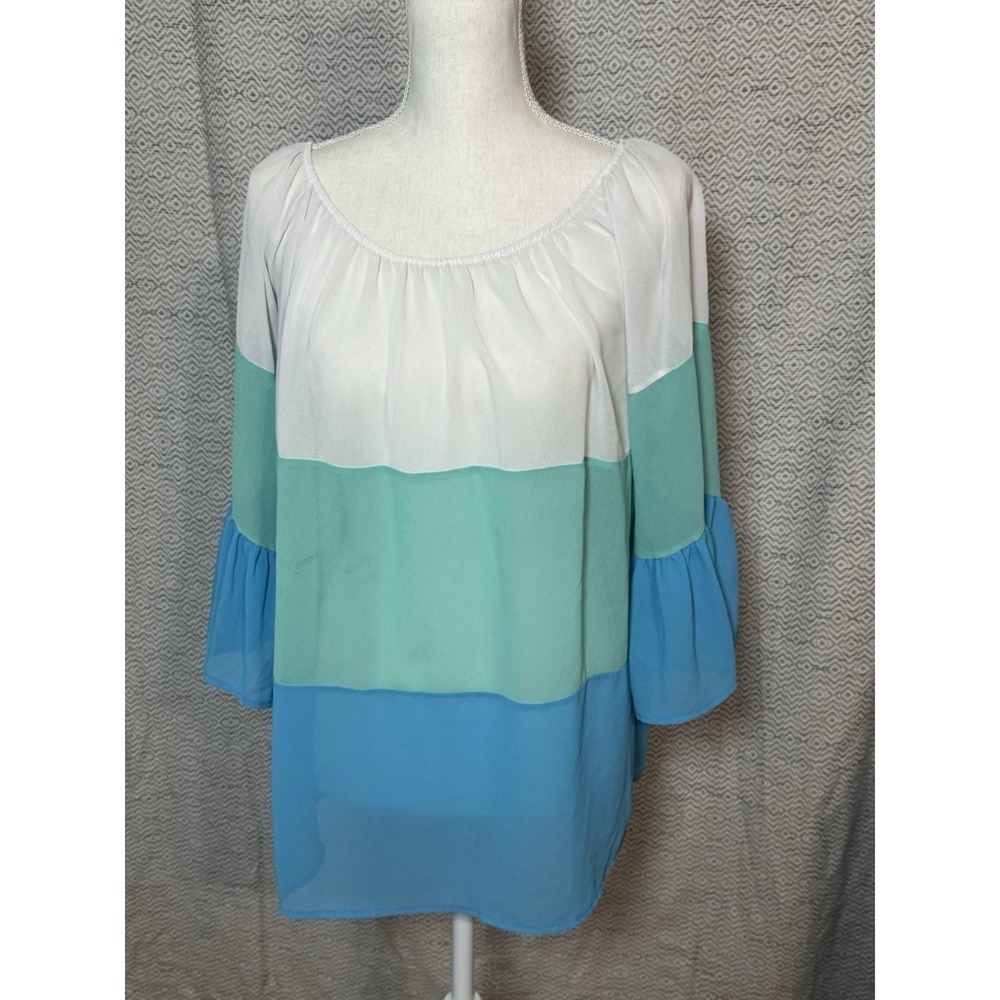 GIBIU Blue/Aqua/White Color Block Striped Sheer Blouse On/Off Shoulder Medium